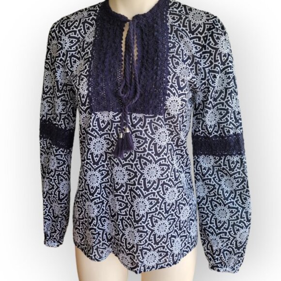 Tory Burch cotton geometric print l/s tie-neck blouse in Navy | in size 8 | - Picture 3 of 9
